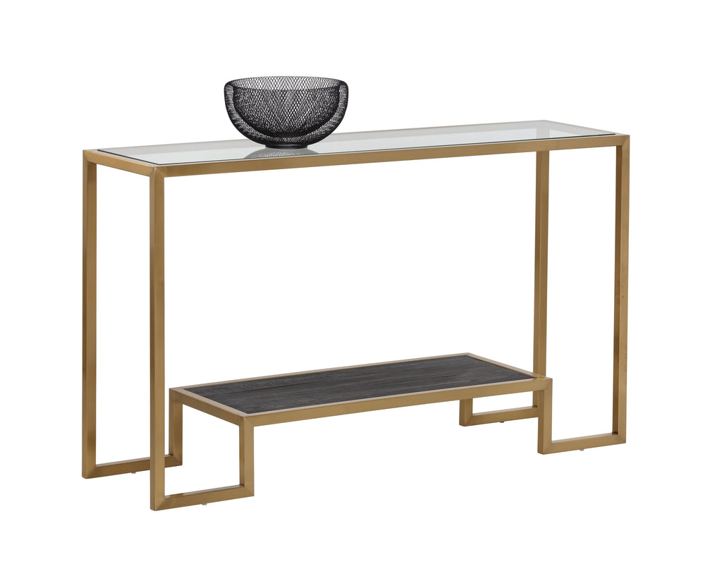 Sunpan Carver Console Table - Mid-Century Modern Design with Glass Top, Solid Elm Shelf & Gold Frame Elegance