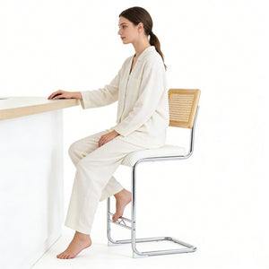 English Elm Natural Rattan Backrest Counter Stools Set of Two with Velvet Seat and Chrome Legs W2920P395620