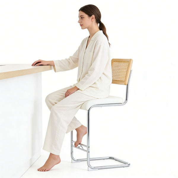 English Elm Natural Rattan Backrest Counter Stools Set of Two with Velvet Seat and Chrome Legs W2920P395620