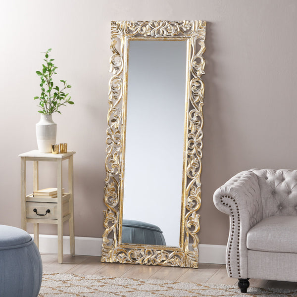 English Elm Christopher Knight Home® - RECTANGLE Hand-Carved Floral Standing Mirror, Distressed White & Gold Frame, Tempered Glass, 72" Tall 67058.00