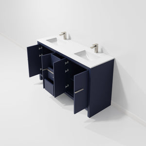 English Elm Navy Double Bath Vanity 60" W With White Quartz Top, Gun Metal Faucet & Ample Storage Solutions B2731P259441