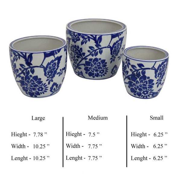 English Elm Garden Ceramic Planter Trio Hand Painted Floral Glazed Japanese Style Home Decor Set White+Blue B056P412621