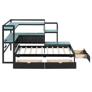 English Elm Twin Gaming Daybed with Led Strips Desk Pegboard Bookcase and Three Storage Drawers Black+Blue N820S00083C