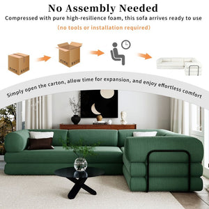 English Elm U_style Modular Corduroy Sectional Sofa Converts to Guest Bed for Apartment Living Green WY000463AAC