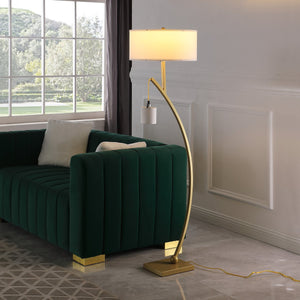 English Elm 59" Contemporary Dual Arc Floor Lamp with Hanging Pendant & Drum Shades, 3-Way Rotary Lighting Control Gold B072P222448
