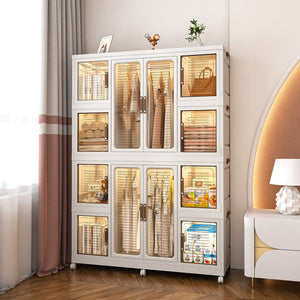 English Elm Portable Wardrobe Closet Organizer with 12 Magnetic Doors, 12 Cubes, 2 Rods, 16 Hangers — Durable PP Storage Cabinet White W2699P184784