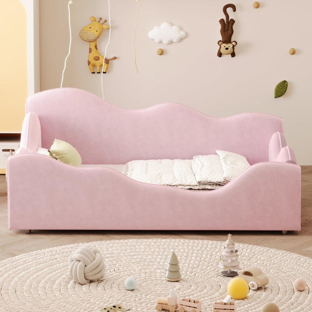 English Elm Upholstered Cloud Toddler Daybed Pink Velvet Safety Rails Kids Bedroom Ages 1 to 6 N899P452424H