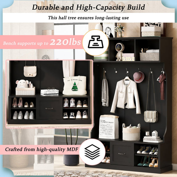 English Elm U-Can 57'' Hall Tree with Bench, Drawer & Shelves for Entryway Organizing and Stylish Storage Black N724P264673B