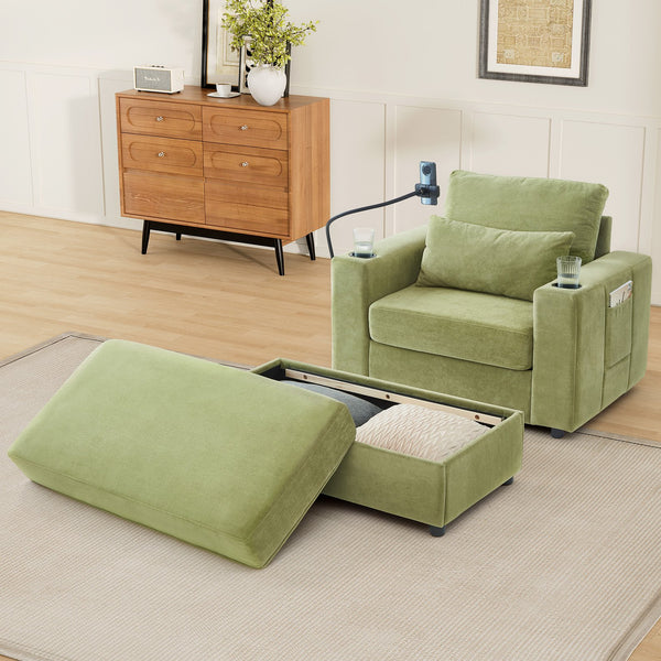 English Elm Modern Multifunctional Armchair with Chaise Lounge, Hidden Ottoman Storage, USB Ports & Cup Holders Green N719P292700F