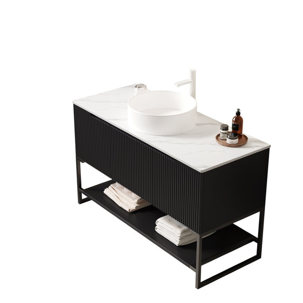 English Elm Tulio Freestanding 48 Inch Bathroom Vanity Matte Black Cabinet Vessel Sink Sintered Stone W2615S00219
