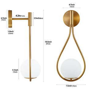 English Elm 19" Brass Toned Iron Sconces Set of 2 Frosted Globe Mid-century Bedroom Wall Lights W1340P211848