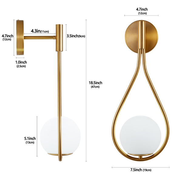 English Elm 19" Brass Toned Iron Sconces Set of 2 Frosted Globe Mid-century Bedroom Wall Lights W1340P211848