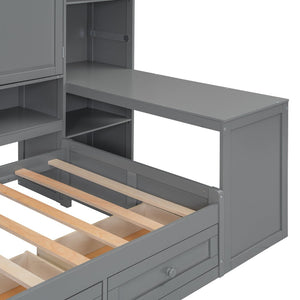 English Elm Twin Size Wooden Daybed With Integrated Desk, Storage Drawers, And Shelves - Stylish Gray Design! N820S00054E-GIGA