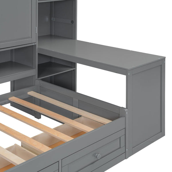 English Elm Twin Size Wooden Daybed With Integrated Desk, Storage Drawers, And Shelves - Stylish Gray Design! N820S00054E-GIGA