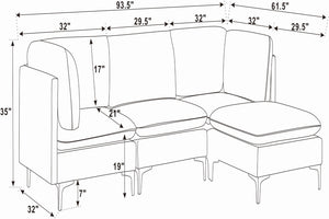English Elm Linen Upholstered Modular Sectional Sofa with Tall Black Metal Legs for Living Room Dark Gray B2748S00108