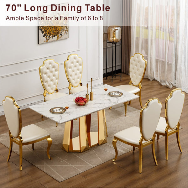 English Elm Marble Dining Table For 6-8 People, Modern Rectangular Faux Marble Top With Chrome Base Design W3456S00040