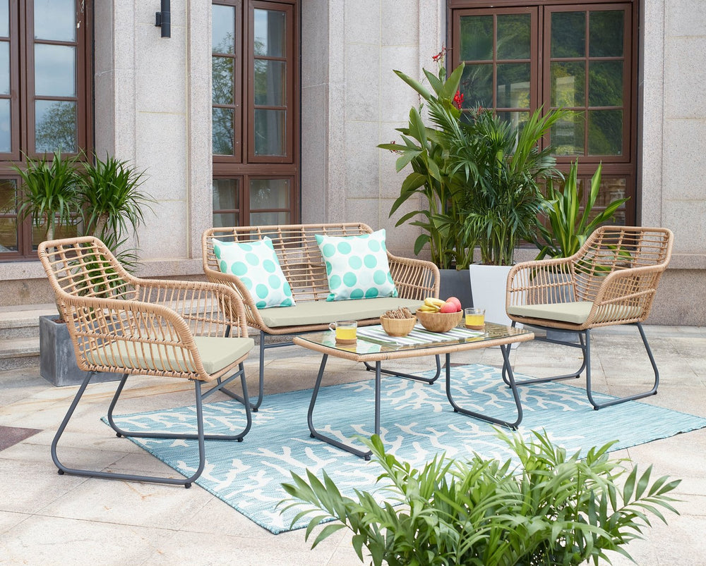 English Elm Antibes 4-Piece Outdoor Conversation Set In Tan & Cream – Weather-Resistant, Stylish Comfort! B365P398245