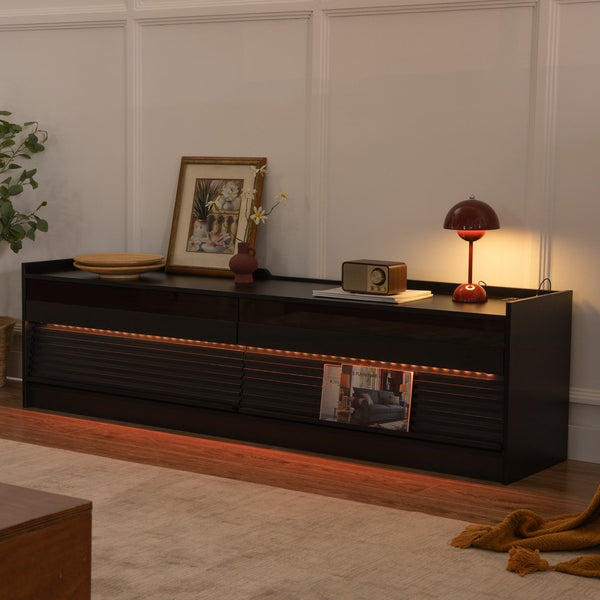 English Elm Christopher Knight Home® - Mirod Modern TV Stand with 4 Drawers, Tempered Glass Top, Built-In Charging Ports & LED Lighting Black N760P255436B