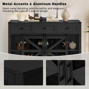 English Elm U_style Industrial Sideboard with Sliding Barn Doors Iron Mesh Panels and Three Drawers Black N711P347384B