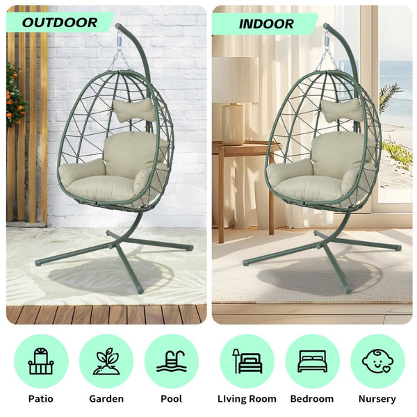 English Elm Hanging Egg Chair Pe Wicker Swing Seat with Stand Washable Cushion Patio Balcony T5880P497577
