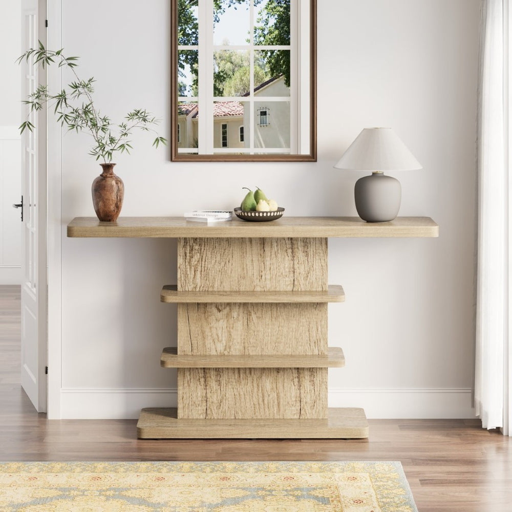 English Elm 63"vintage Walnut Console Table Two Open Shelves Slim Hallway Living Room Accent W757P399693