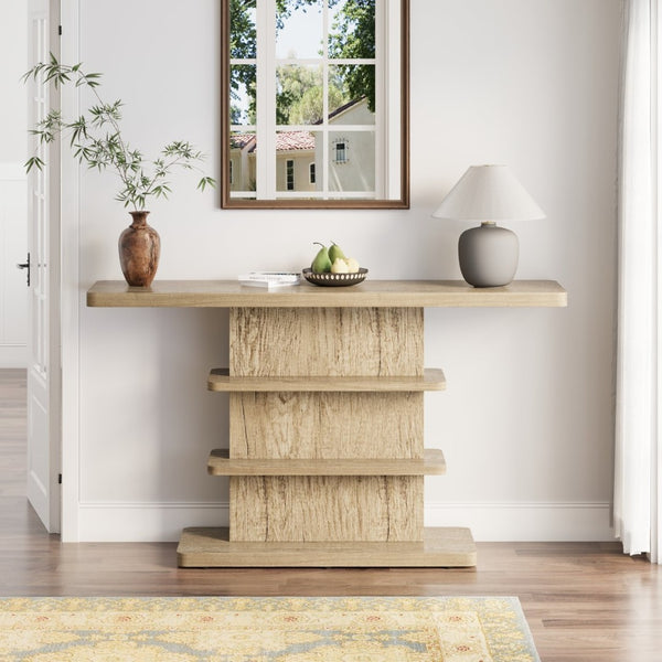 English Elm 63"vintage Walnut Console Table Two Open Shelves Slim Hallway Living Room Accent W757P399693