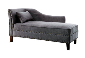 English Elm Modern Upholstered Chaise with Nailhead Trim and Curved Arm, Linen-Like Fabric, Dark Cherry Frame Gray 61 L x 26 W x 24 H B2741P305690