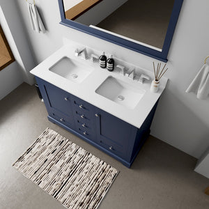 English Elm Navy Double Bath Vanity 48" W x 22" D with White Quartz Top, Soft-Close Storage & 46" Mirror B2731S00645