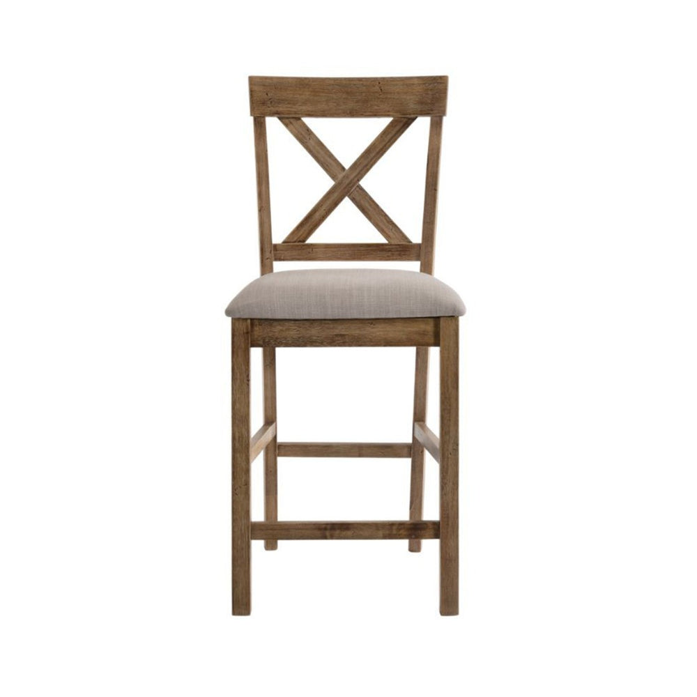 English Elm Set Of 2 Stylish Linen Counter Height Chairs With X-Back Design - Tan & Weathered Oak Finish B016P314418-GIGA