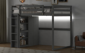 English Elm Wood Full Size Loft Bed with Built-in Wardrobe, 4-Tier Storage Shelves, LED Light, Pine MDF Durable Gray GX000463AAE
