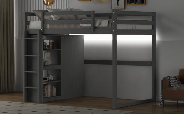 English Elm Wood Full Size Loft Bed with Built-in Wardrobe, 4-Tier Storage Shelves, LED Light, Pine MDF Durable Gray GX000463AAE