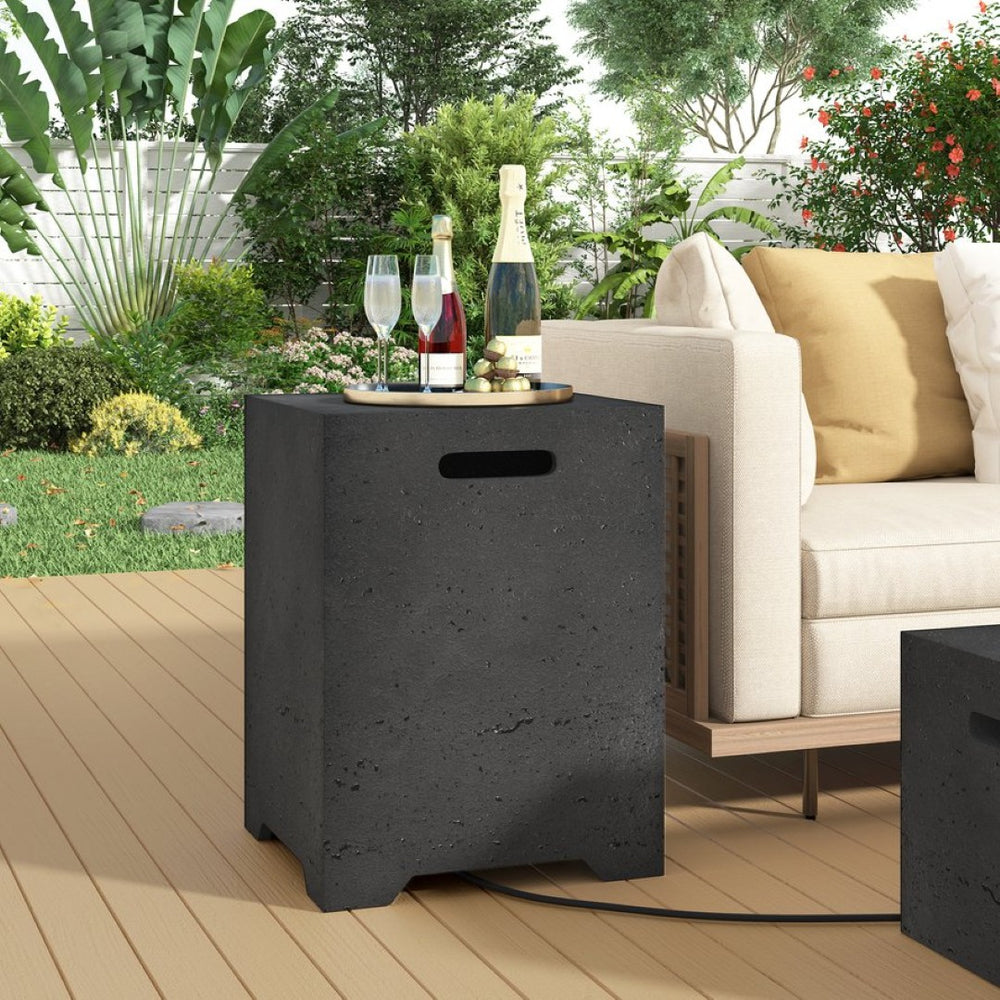 English Elm U_style Outdoor Mgo Propane Tank Cover Table Fluted Stone Finish Patio Side Accent Black N711P410561B