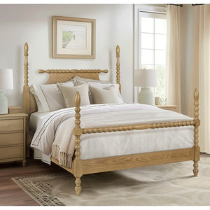 English Elm Bed Natural Queen Solid Wood Camel Oak Platform Bed with Turned Legs, 500lb Capacity, Queen Size B035S00063