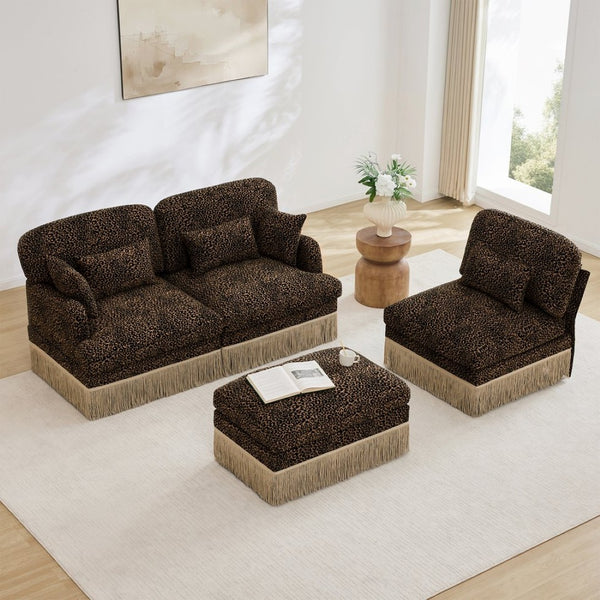 English Elm 100"comfy Chenille Leopard Print Sectional Sofa with Tassel Trim and Movable Ottoman Brown W5656S00014