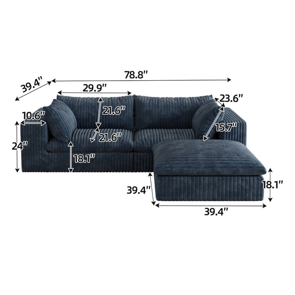 English Elm 39.8" Cloud Modular Sofa Plush Corduroy Deep Seat Feather Fill Living Room Couch Blue W2824S00191