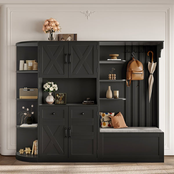 English Elm Multifunctional Hall Cabinet With 4 Hooks - Smart Split Design For Living Room, Kitchen & Hallway Storage W1580S00186-GIGA