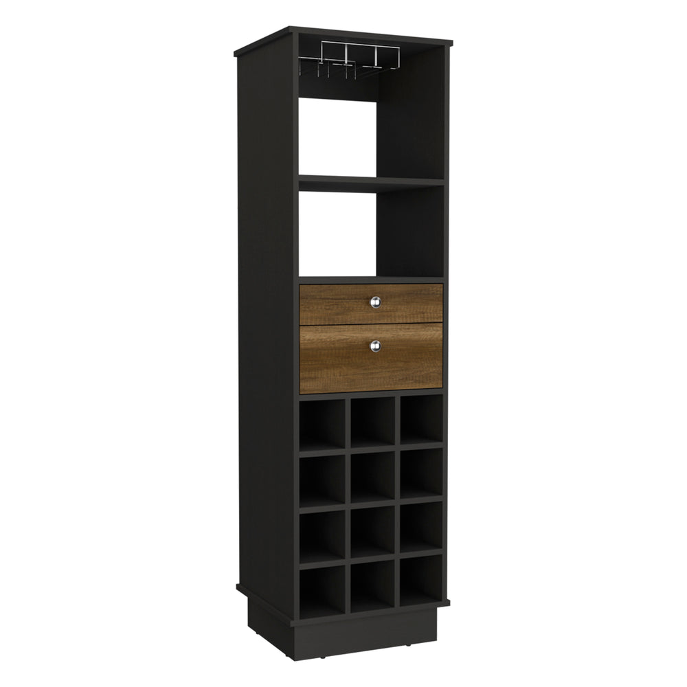 English Elm Classic Bar Cabinet with 12-Bottle Wine Rack, Two Drawers & Shelf, Black/Walnut Modern Storage B200S00100