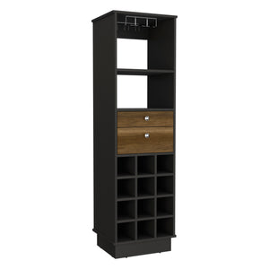 English Elm Classic Bar Cabinet with 12-Bottle Wine Rack, Two Drawers & Shelf, Black/Walnut Modern Storage B200S00100