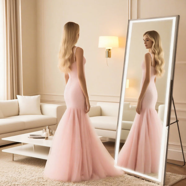 English Elm 63x24 Inch LED Full Length Mirror with 180 LEDs, Dimmable 3-Color Temps, Shatterproof Tempered Glass Frame T3757P347063