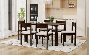 English Elm TREXM 7-Piece Retro Dining Set for 6 with Upholstered Chairs, Diagonal Wood Tabletop Design Espresso ST000142AAP