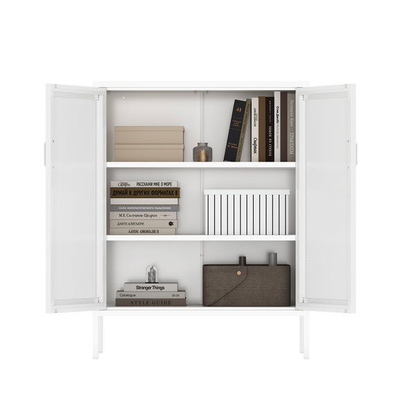 English Elm Amelia Metal Accent Cabinet 32" — Steel Mesh Doors, Adjustable Shelves, Minimalist Legs for Modern Storage Solutions White B365P397882