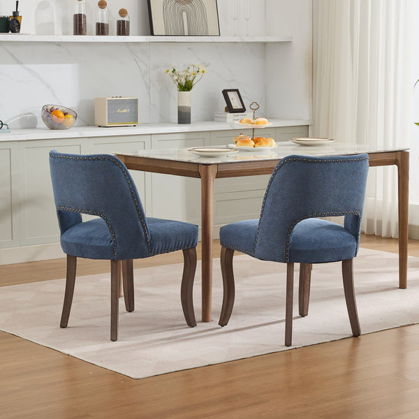 English Elm Wooden Modern Fabric Dining Chairs Set of 2 with Hollow-Out Back, Copper Nail Detail, Curved Legs Blue W1143P372914