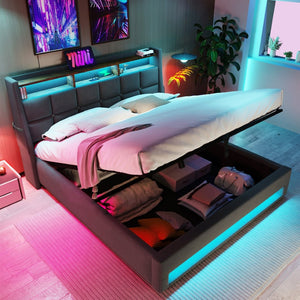 English Elm (=aa20690910g) Queen Upholstered Storage Bed with Led Lighting and Headboard Charging Ports AA20690910G-1