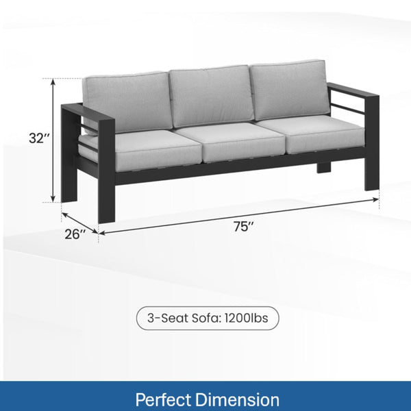 English Elm 75" Outdoor Iron Frame 3 Seat Patio Sofa with Olefin Cushions for Deck or Poolside Black+Grey B082P455112