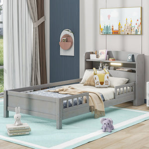 English Elm Wood Twin Platform Bed with LED Headboard Light, Built-In Storage Shelves and Safety Guardrail 93 Antique Gray WF308150AAE