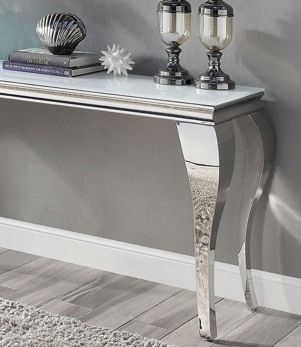 English Elm Glam Stainless Steel Coffee Table with Beveled Tempered Glass Top and Elegant Cabriole-Style Legs Silver,White 59 L x 21 W x 4 H B011S01178