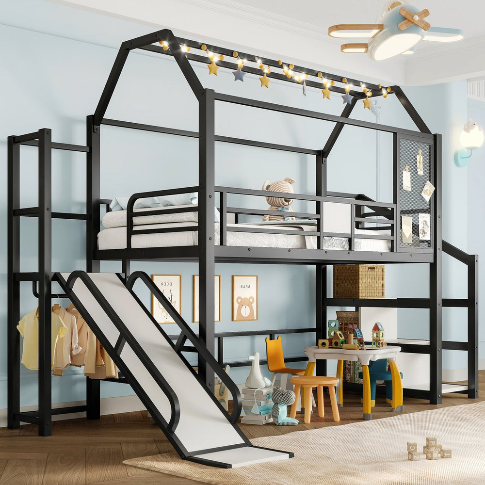 English Elm Twin House Loft Bed with Slide and Stairs, Metal Playhouse with Storage Shelves and Quiet Design Black W1580S00348