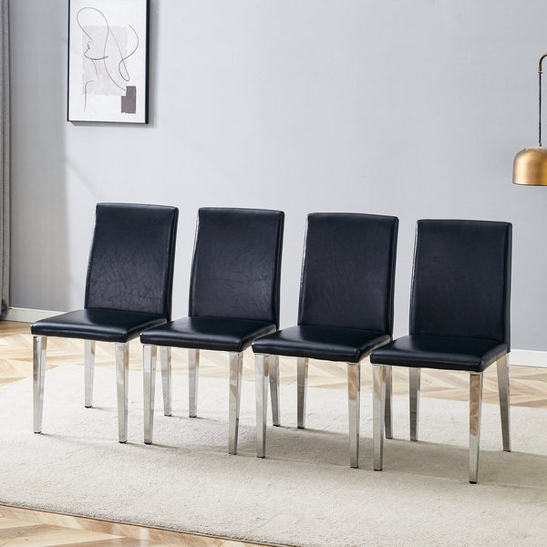 English Elm Four PU dining chairs with sleek silver metal legs, ergonomic PU seats, anti-slip feet, easy assembly, modern minimalist style Black+Silver W1151P269018