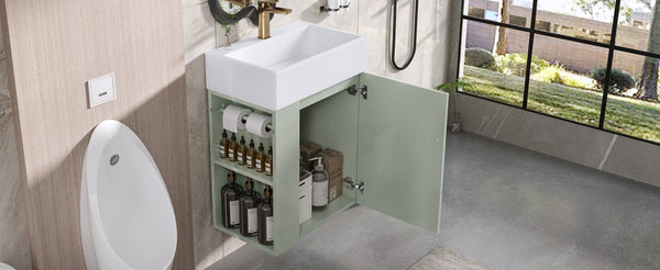 English Elm 20 Modern Wall-Mounted Bathroom Vanity with Ceramic Sink, Diamond Door, Gold Handles & Shelves — Compact Green N725P314033F