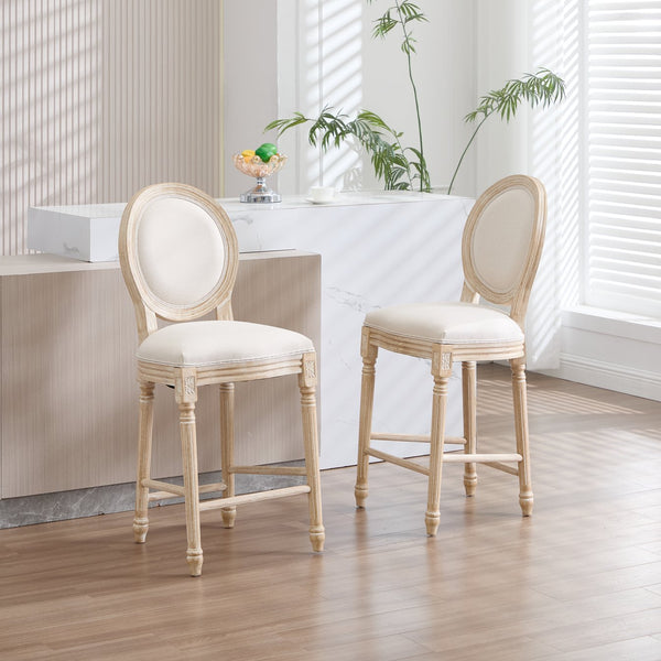 English Elm French Country 26'' Bar Chairs Set Of 2, Upholstered Comfort With Round Back, Vintage Elegance, Beige W3426P324574